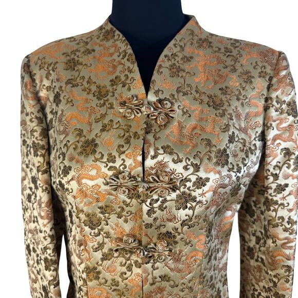 Vintage Gold Dragon Brocade Mandarin Jacket XS Longline Asian Inspired Blazer - Picture 1 of 16